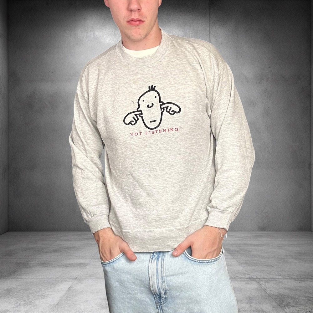 Vintage 90s Hanes Not Listening Graphic Sweatshirt Grey Boxy Fit Large 1808